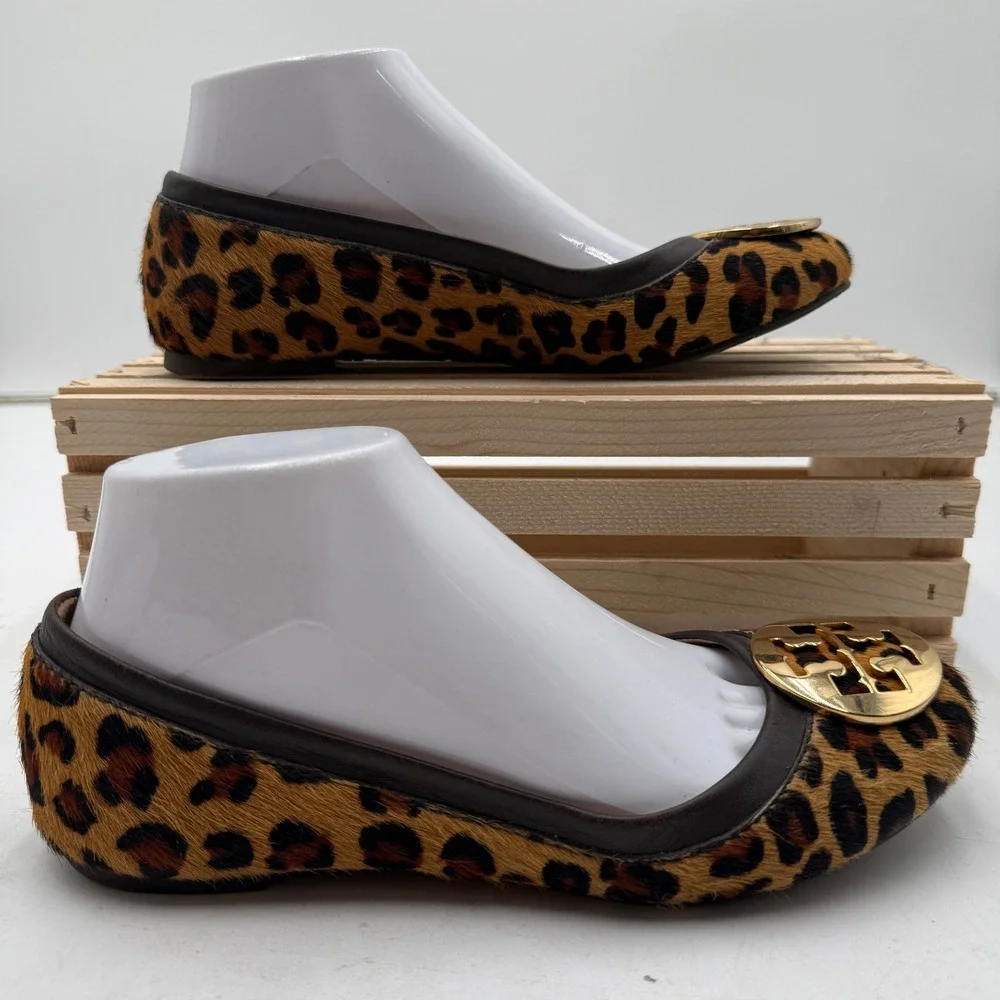 Tory Burch Ballet Flats Reva Calf Hair Leopard Print Brown Womens Size 7M